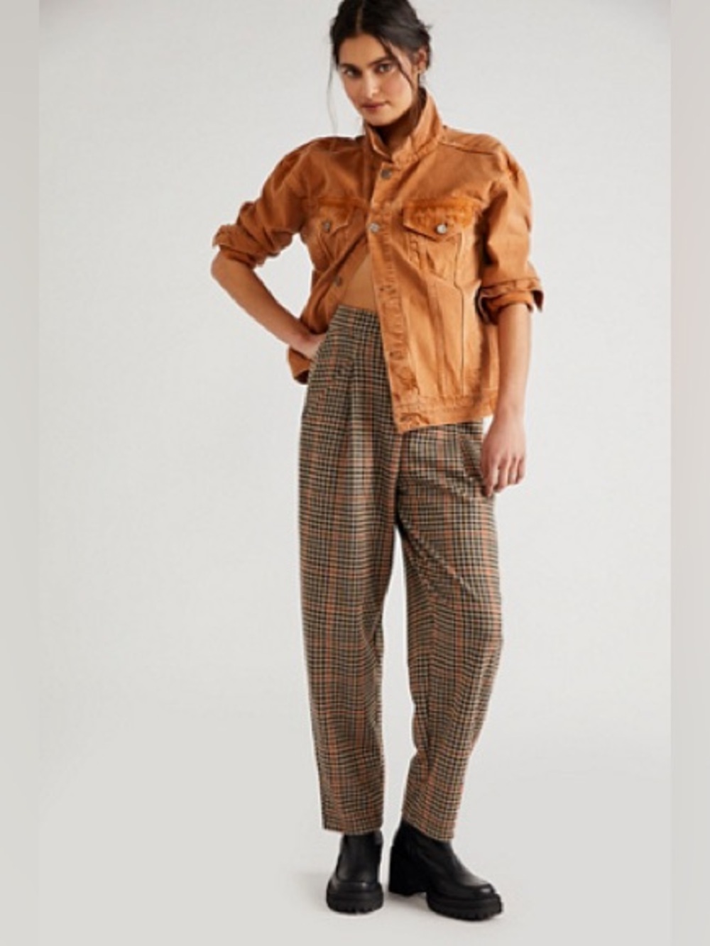 Free People Brown Posey Plaid Pants High Rise Pleated Tapered Leg Trousers Boho